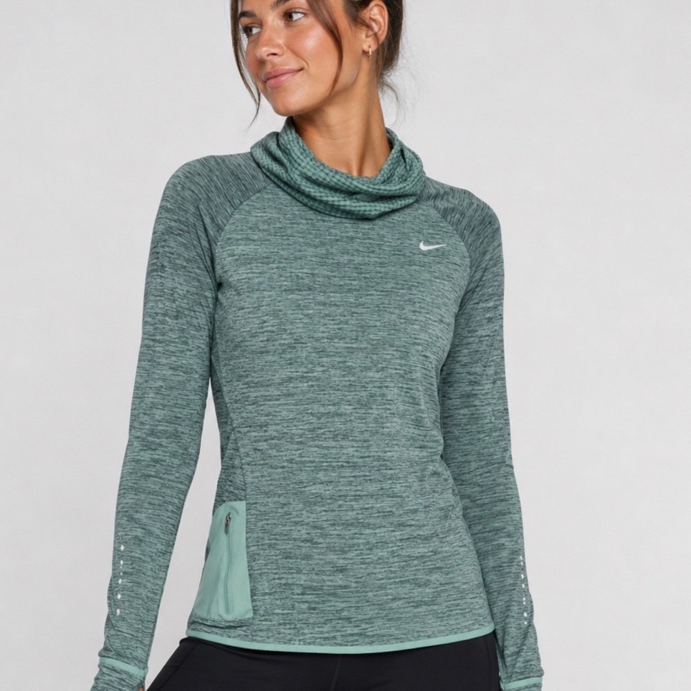 Nike Dri-FIT Womens Teal Heathered Cowl Neck Running Top Thumbholes Pullover M